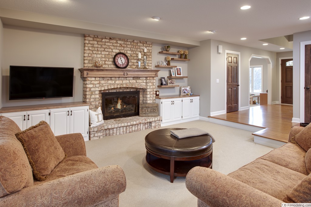 White Brick Gas Fireplace with Wood Mantle