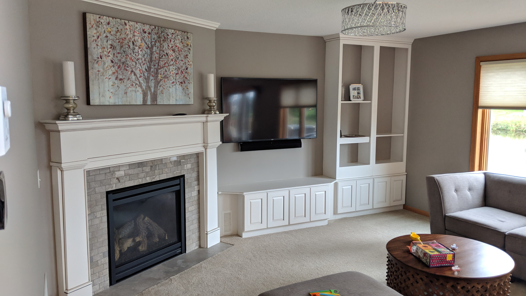 Angled fireplace with surround
