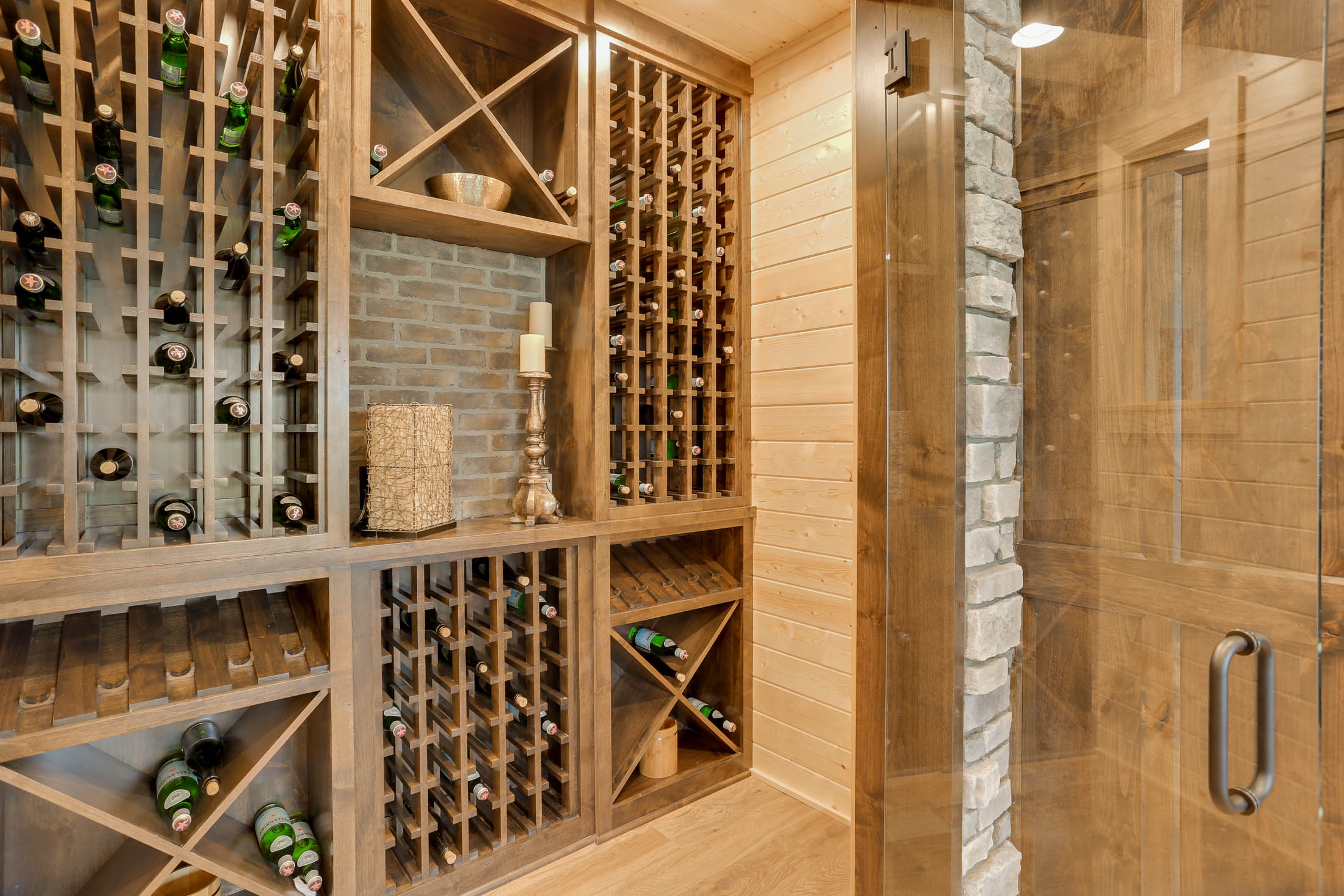 Fabulous custom wood wine rack in wine cellar